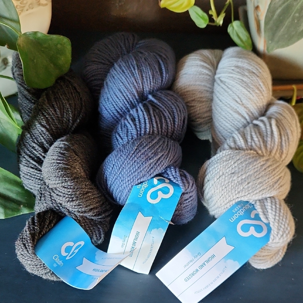 Cloudborn Fibers Highland Worsted Wool Charcoal, Slate Blue, and Light Gray